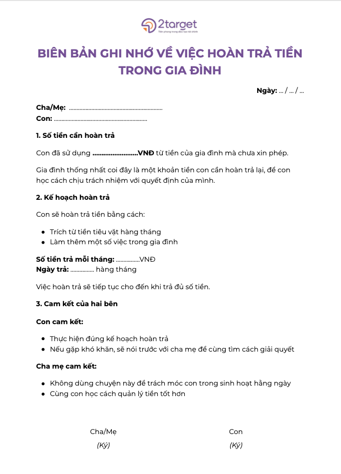 Mẫu bản ghi nhớ để cha mẹ tham khảo.